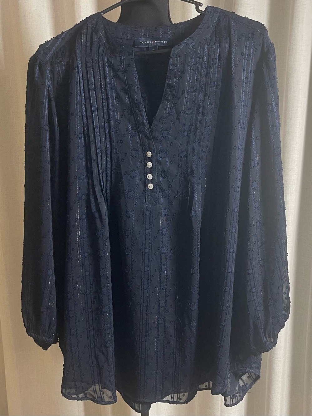 Tommy Hilfiger Navy Pintuck Peasant Top with Pearl Buttons